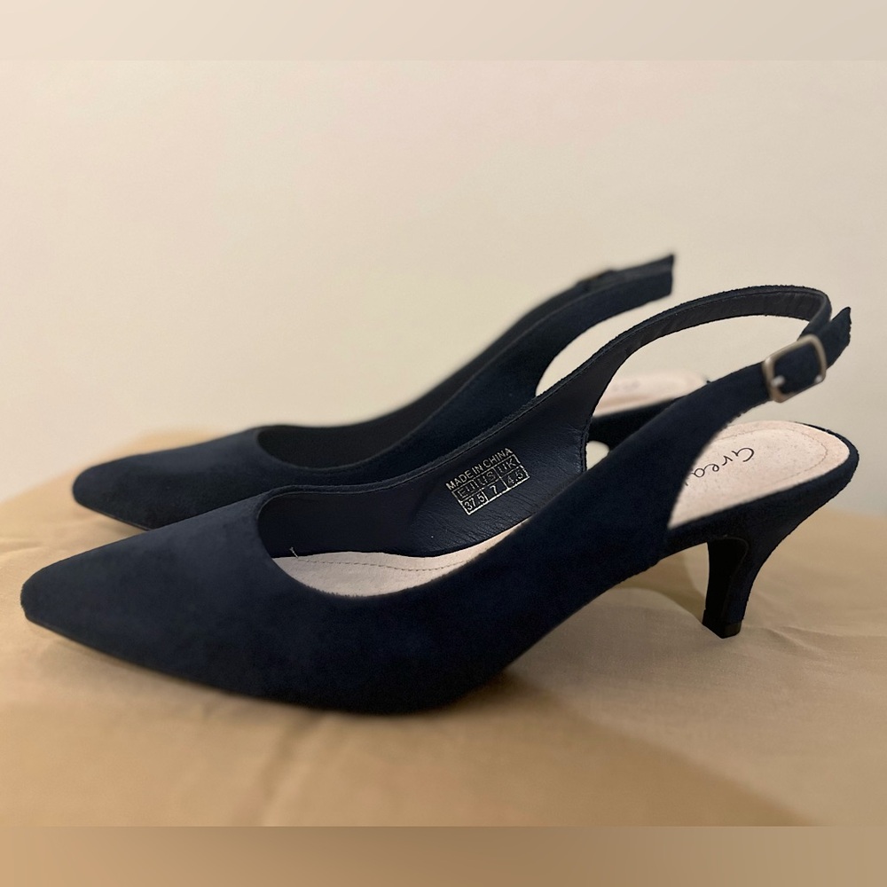New Women’s Greatonu Slingback Kitten Heel Dress Pumps Sz 7 Navy Blue Velvet
